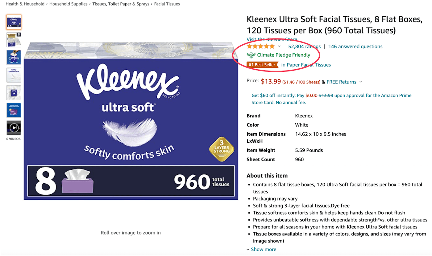 A product listing for Kleenex tissues at Amazon.com bears a “Climate Pledge Friendly” label, even though Amazon does not count emissions related to products it sells with non-Amazon brands.