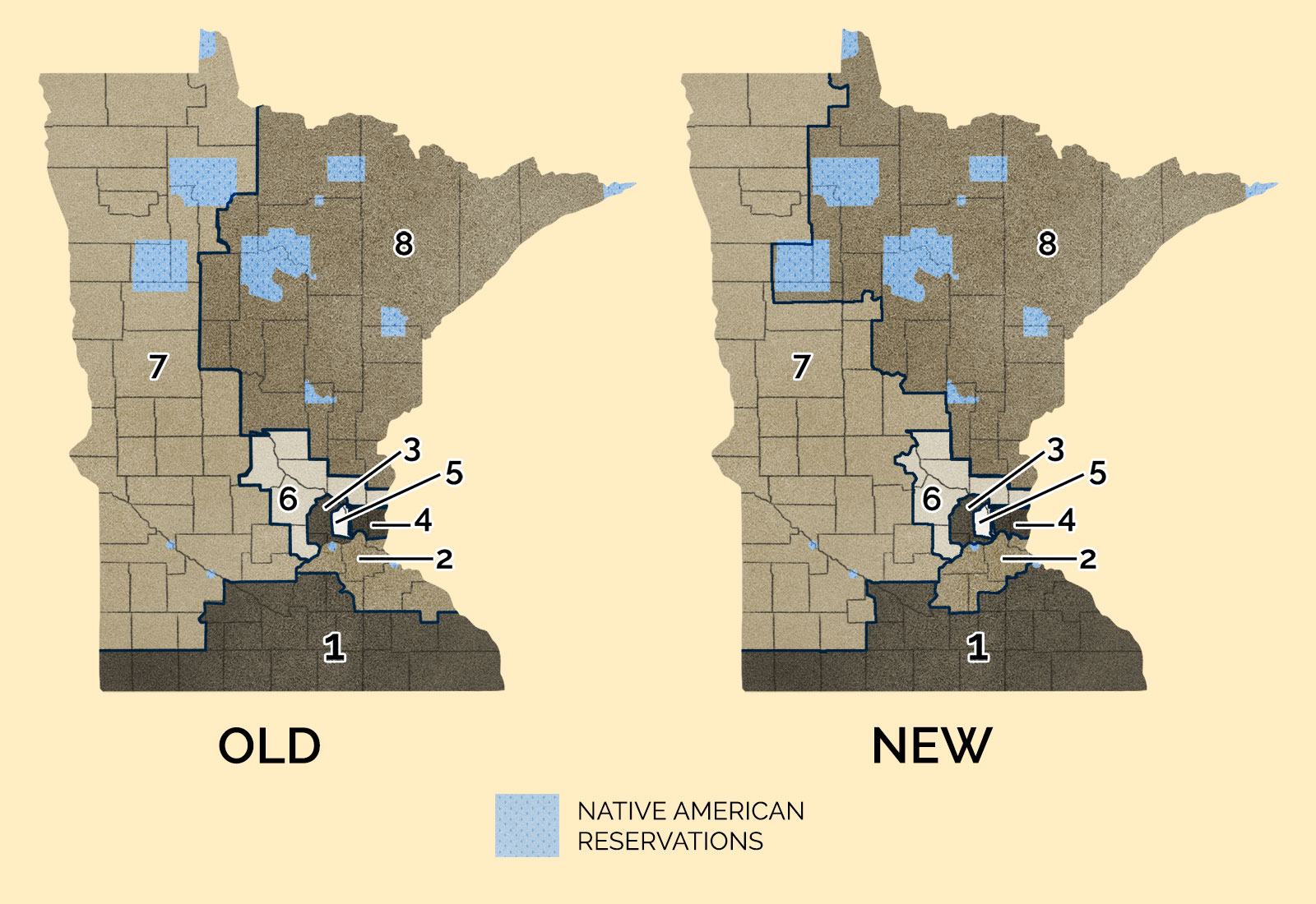 Side by side grayscale maps of Minnesota showing redistricting boundaries and locations of Native American reservations and communities
