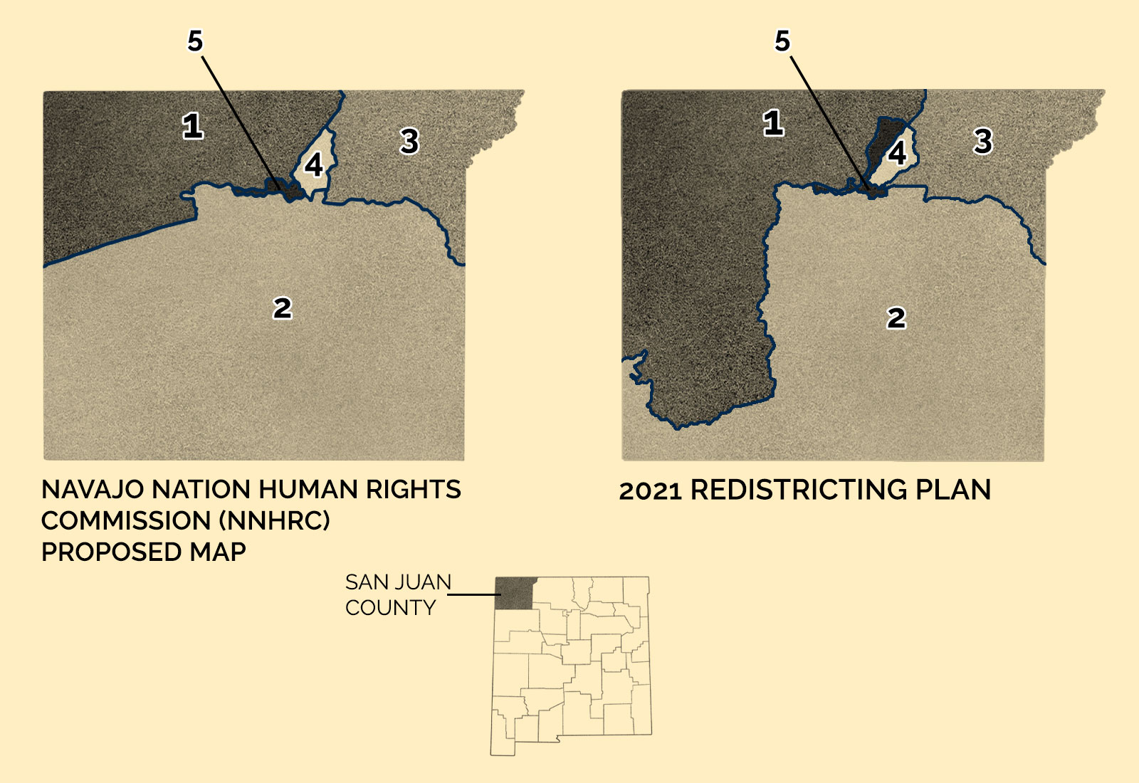 Side by side greyscale maps showing redistricting boundaries in San Juan County in New Mexico