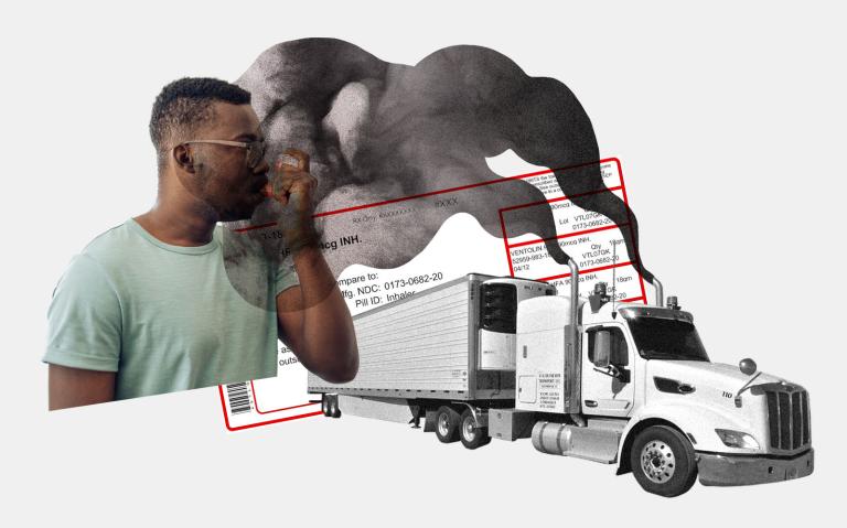 A semi truck with exhaust coming out of pipes that cover a man using an asthma inhaler; inhaler prescription label in background
