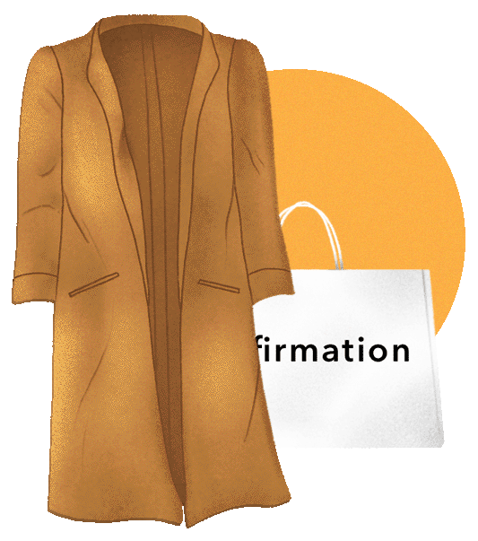 illustration: long camel coat with white shopping bag and gold circle behind