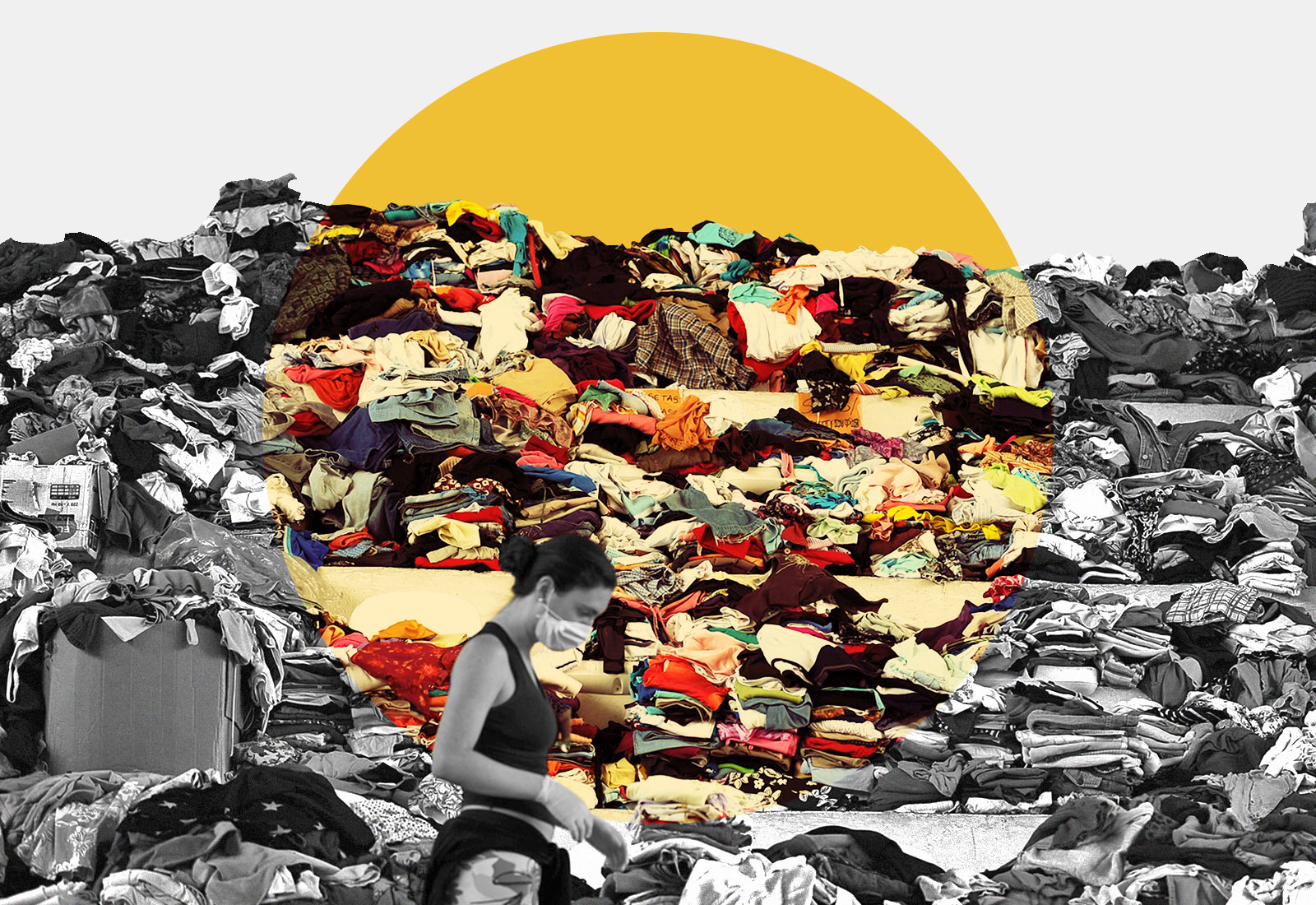 collage: black and white photo of woman sorting huge pile of clothes, yellow circle on top with the clothing inside it in color