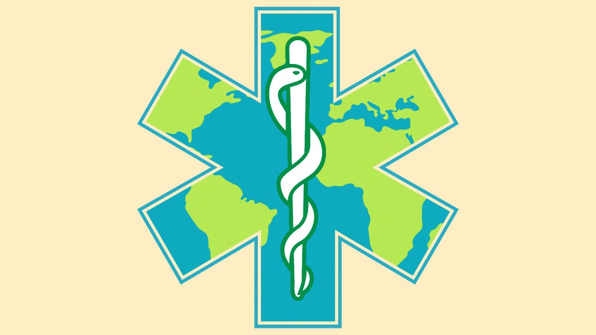 Medical symbol Rod of Asclepius - star with snake around rod - with continent silhouettes inside the star