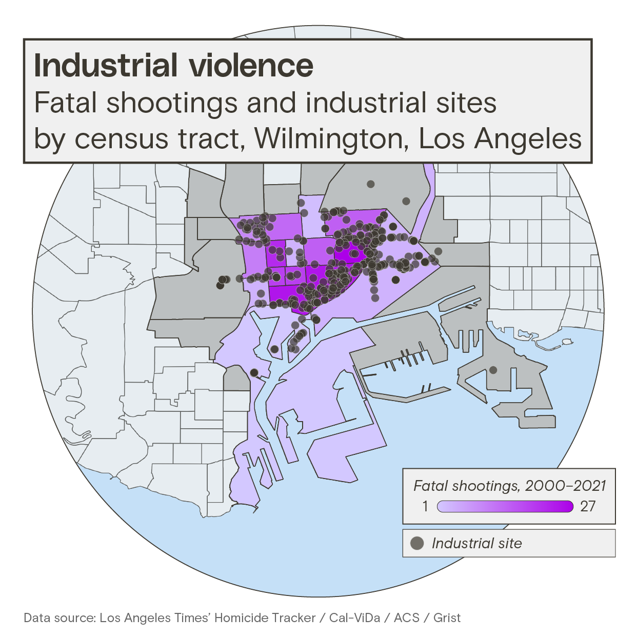 A map showing fatal shootings and industrial sites by census tract in Wilmington, Los Angeles, between 2000 and 2021. More shootings have occurred in tracts with more industrial sites.