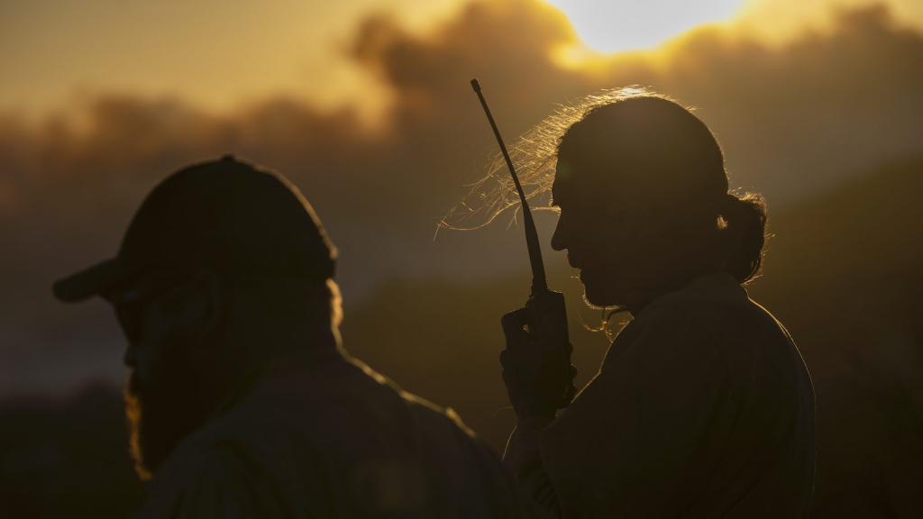 Two people, one with a radio, are silhouetted against an orange and grey sky.