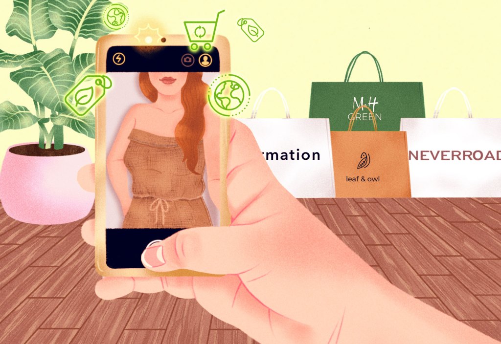illustration: hand taking selfie of woman in burlap sack dress with shopping bags and plant in background
