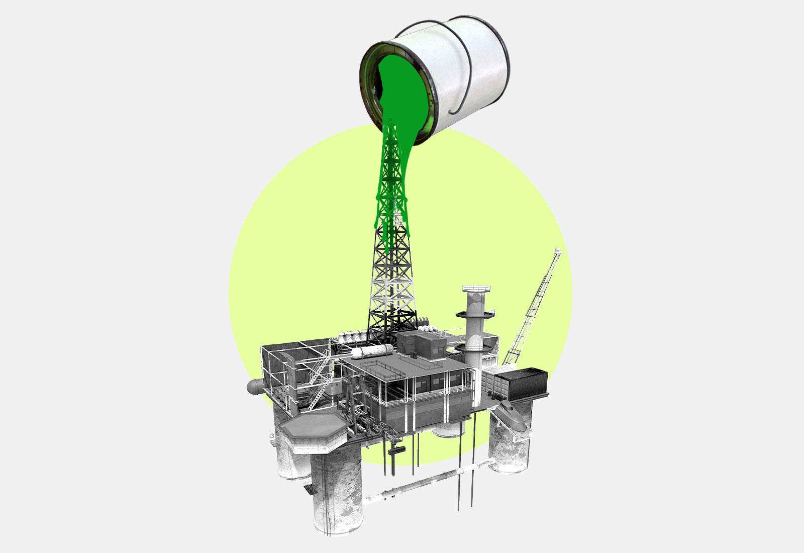 collage: paint bucket pouring green paint on top of black and white oil rig with green circle in background