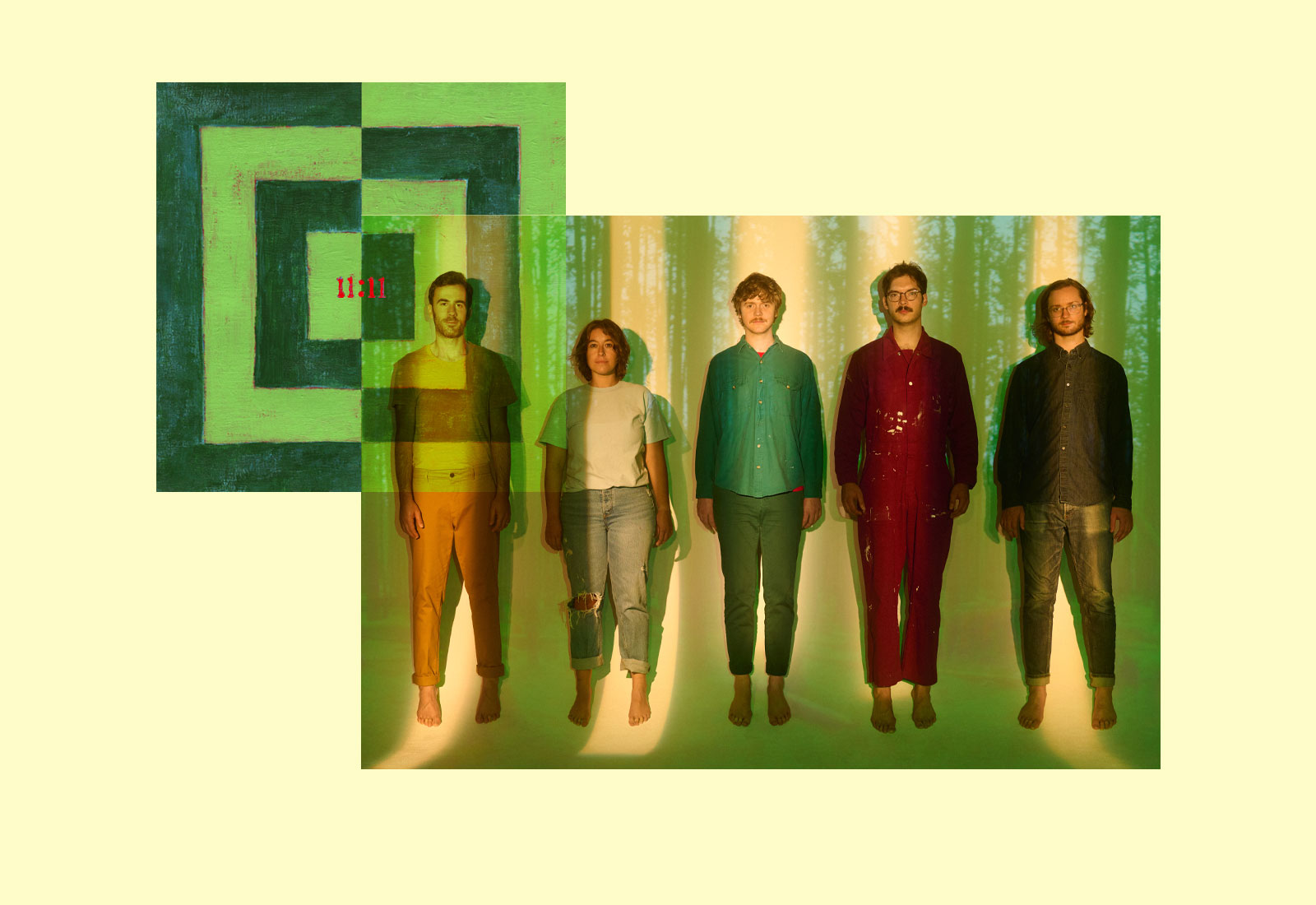 Green striped album cover with 11:11 in red text placed on top of photo of four men and a woman standing in a row with forested background