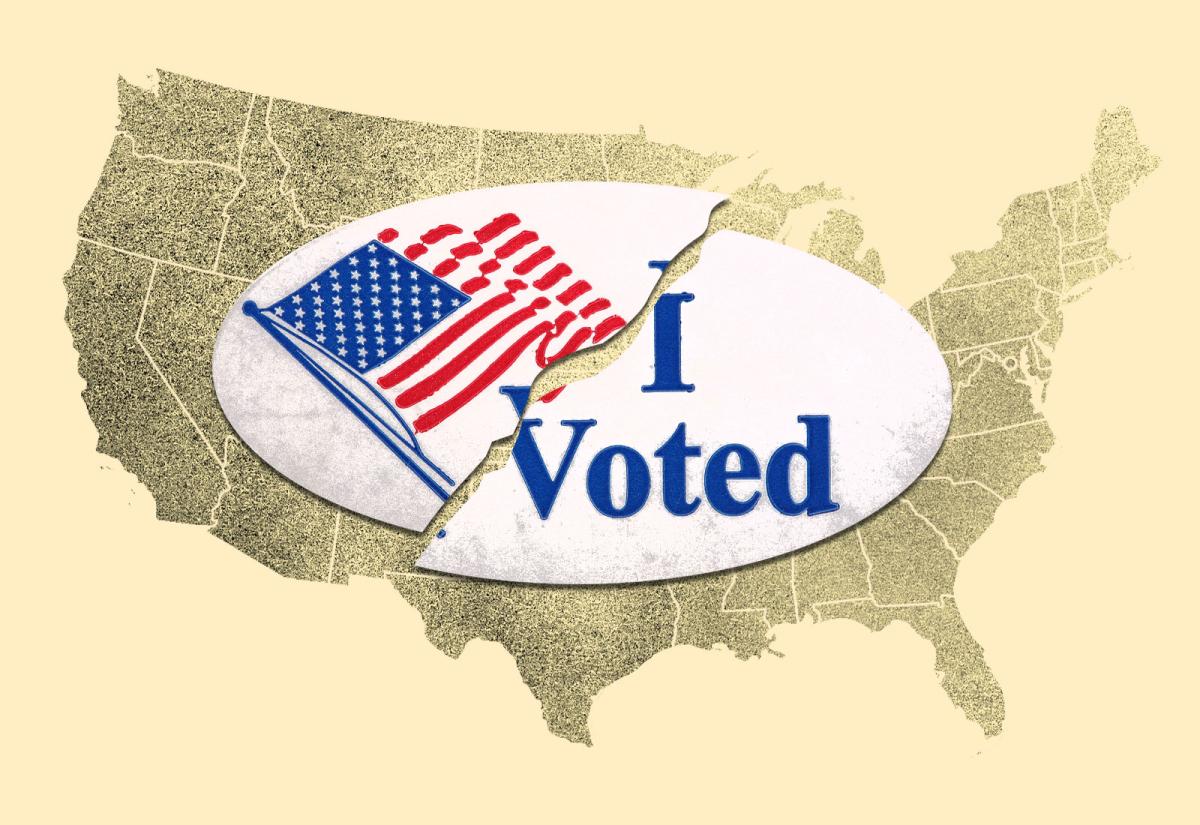 White oval sticker with red and blue american flag and blue text saying "I Voted", split in half on top of silhouette of United States