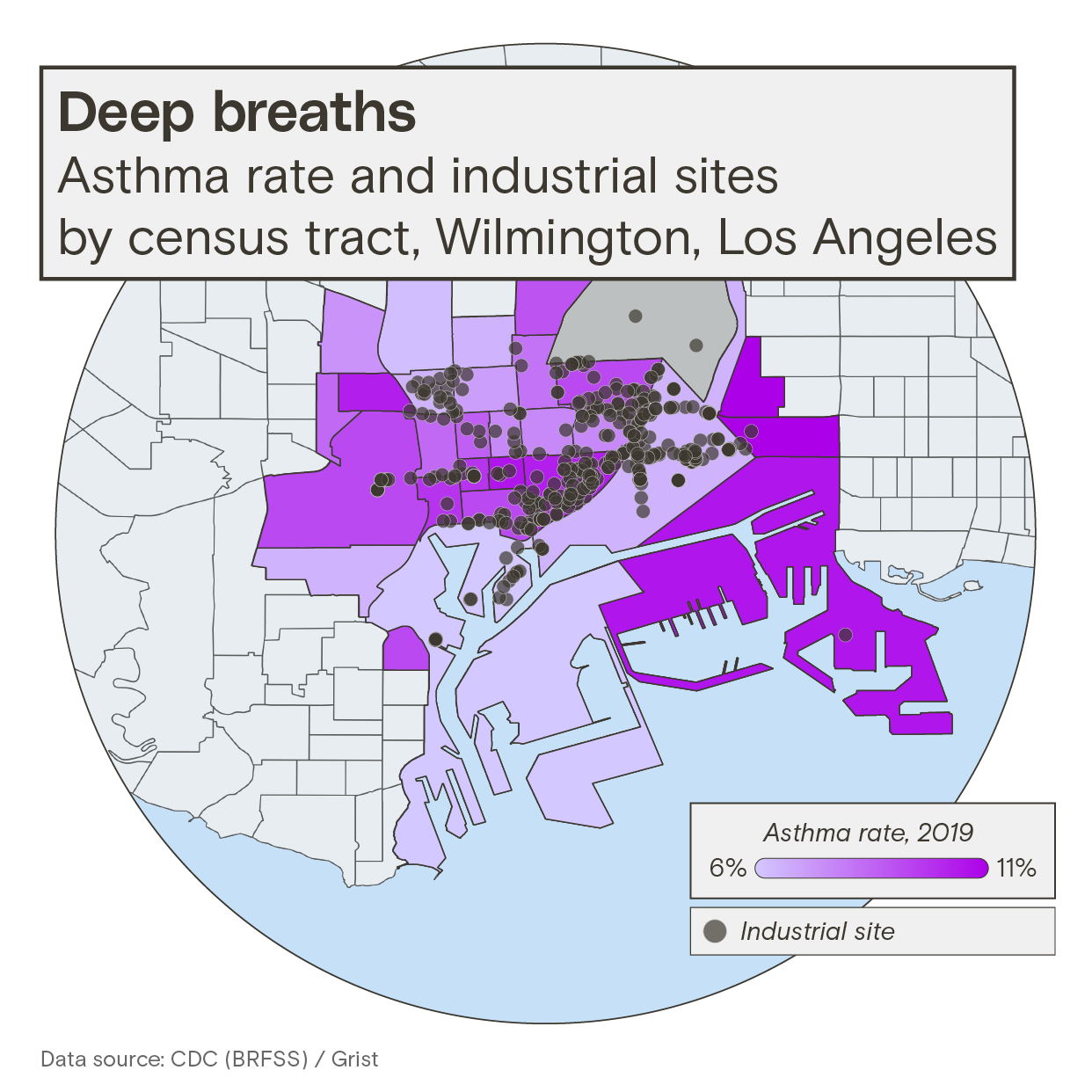 A map showing asthma rates and industrial sites by census tract in Wilmington, Los Angeles. Higher rates tend to occur in tracts with more industrial sites.