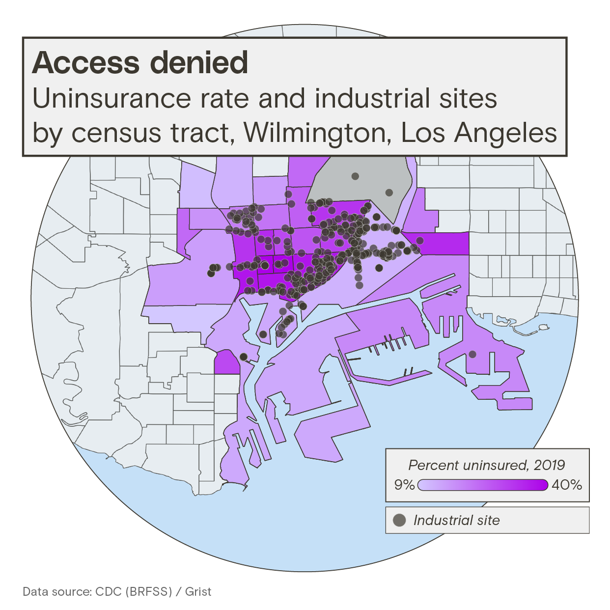 A map showing healthcare uninsurance rates and industrial sites by census tract in Wilmington, Los Angeles. Higher rates tend to occur in tracts with more industrial sites.