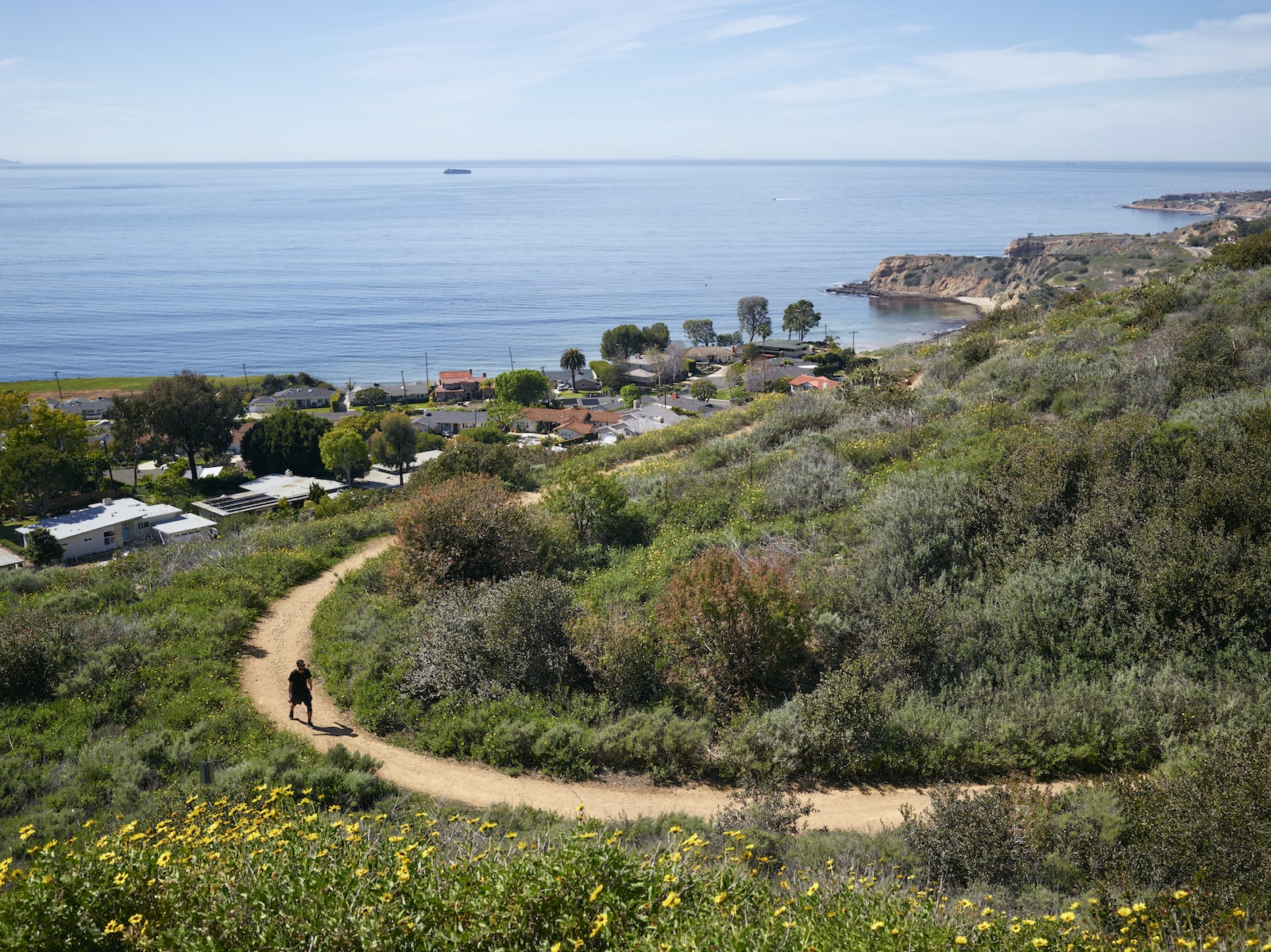 a person hikes on a trail overlooking the ocean