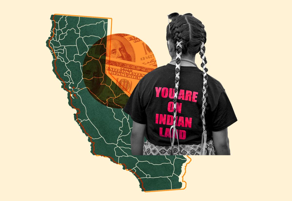 collage: green silhouette of California with lines showing Native American treaties; orange circle with $100 bills inside; back view of woman with braids wearing a shirt that reads "you are on indian land"