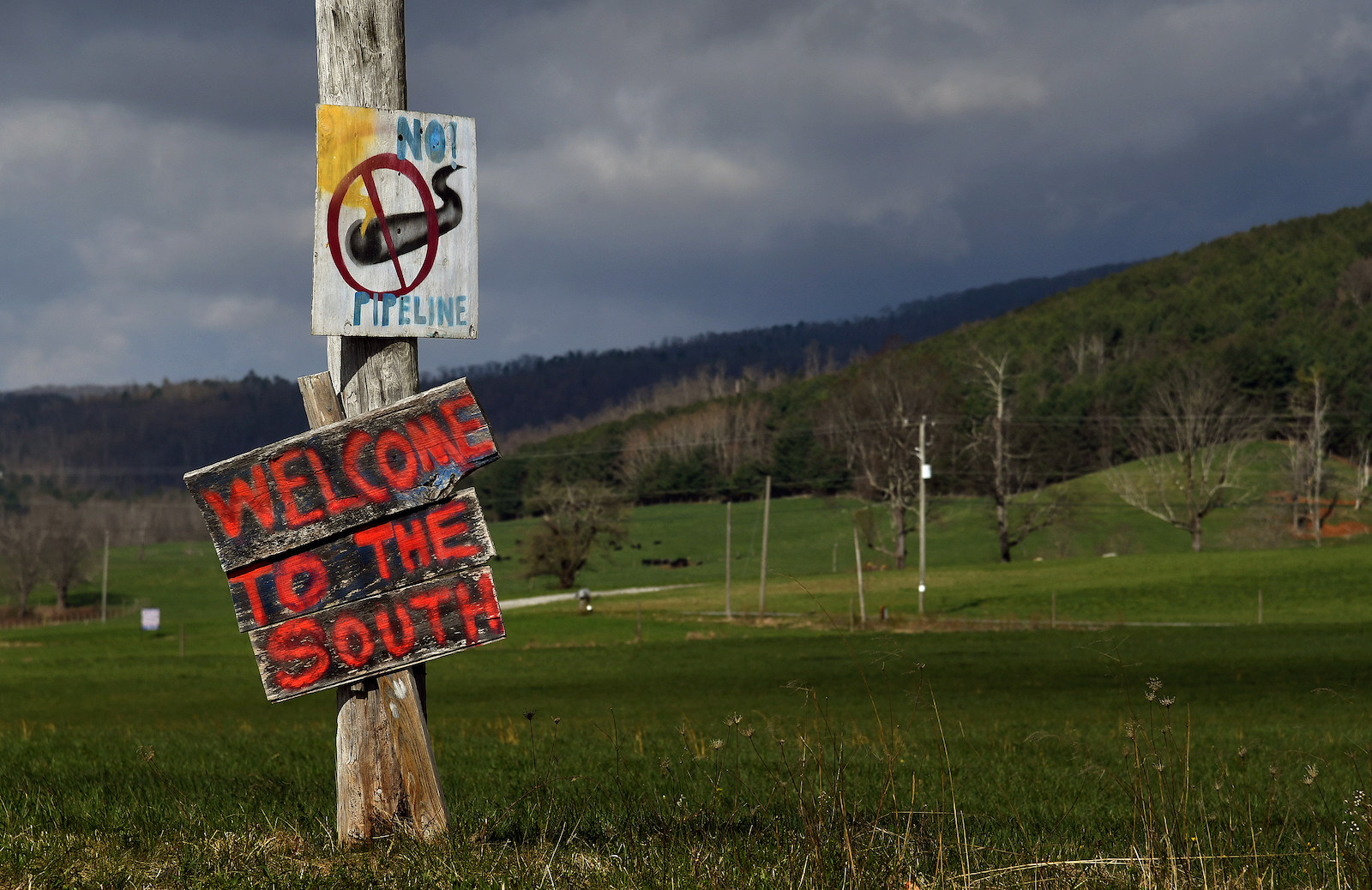 There are many hand painted signs along the roads near Bent Mountain, Virginia to protest against the Mountain Valley Pipeline Project.