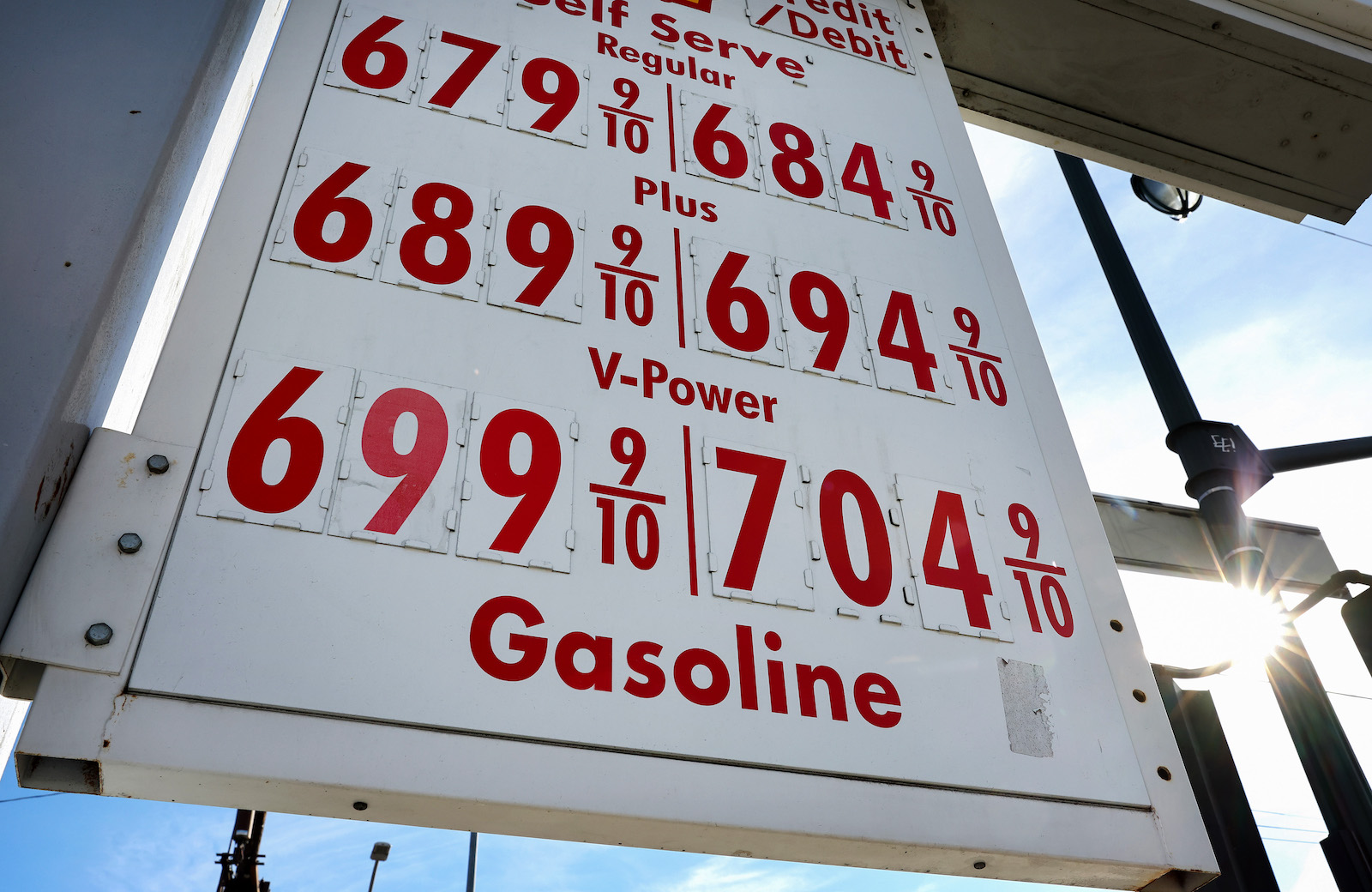A gas station sign in California shows prices almost reaching $7.