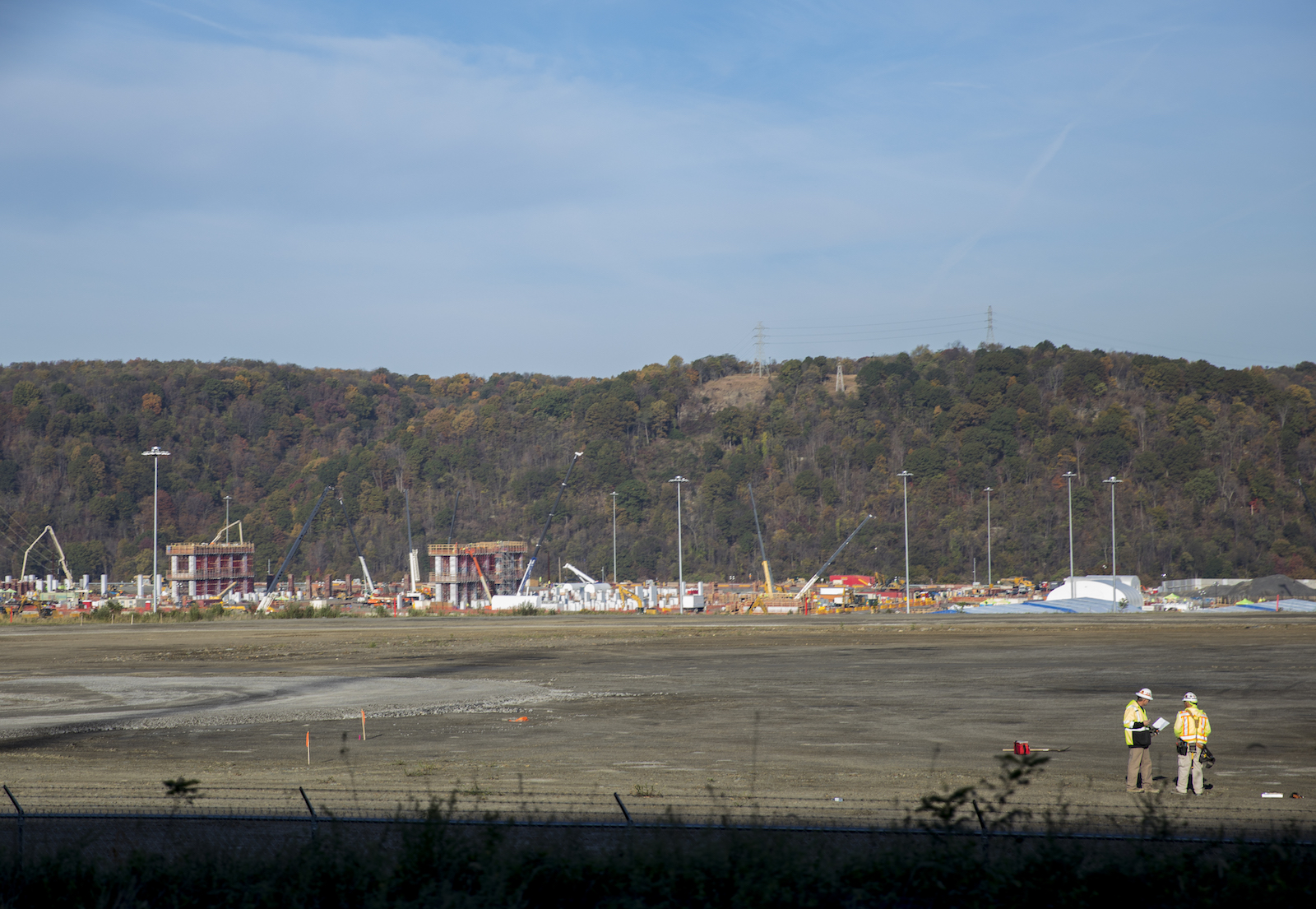 A view of Shell Chemical's new multi billion-dollar ethane cracker plant processing plant across the Allegheny River can be seen under construction October 27, 2017 in Monaca, Pennsylvania.