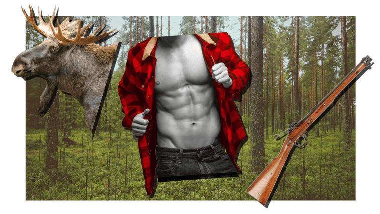 collage of moose head, vintage rifle, and shirtless man wearing open buffalo plaid jacket, on top of a photo of a forest