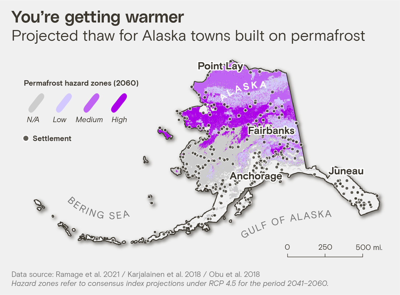 A map showing projected thaw for Alaska towns built on permafrost. Hundreds of communities in the state were built on permafrost, much of which is at high risk of thaw by 2060.