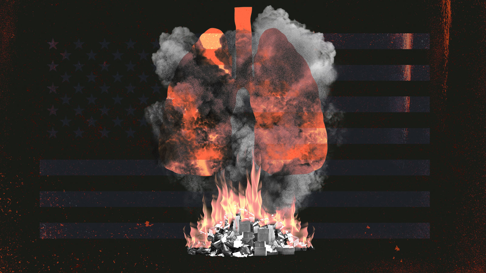 Collage: dark background with barely visible American flag and a pile of burning trash with smoke rising up and partially obscuring a silhouette of lungs