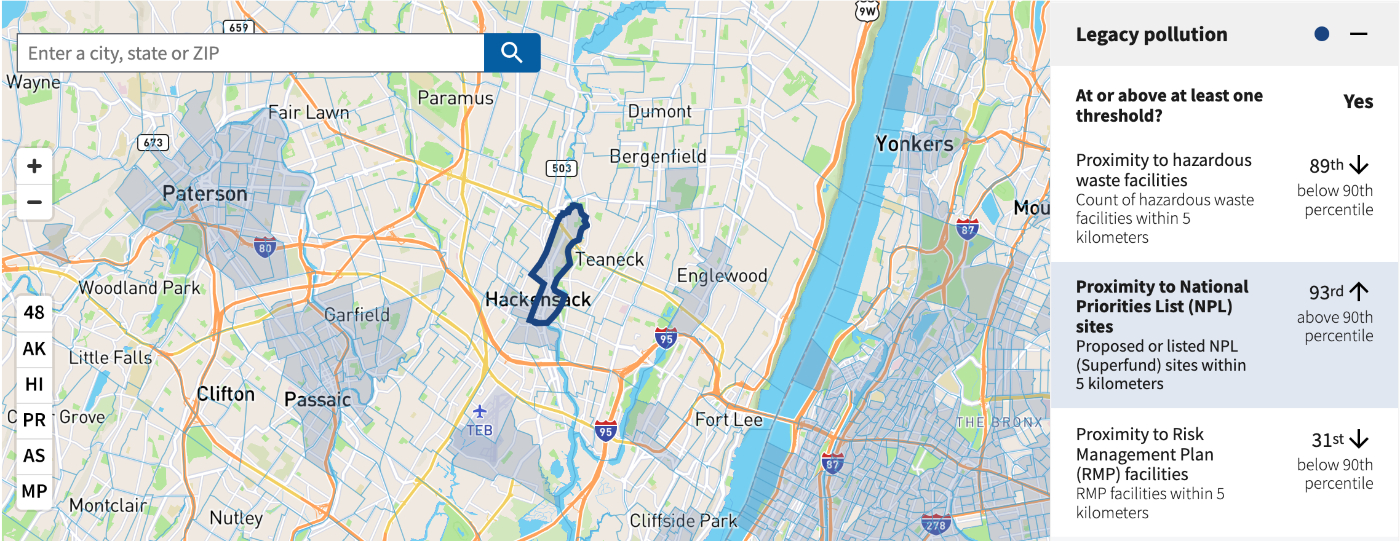 A disadvantaged community is identified on a map of New Jersey in Hackensack