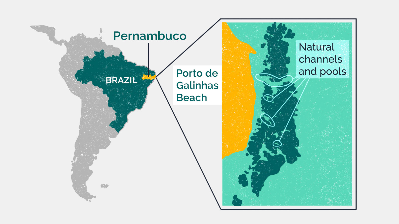 Map showing where the state of Pernambuco in Brazil with zoomed in area showing where Porto de Galinhas Beach is