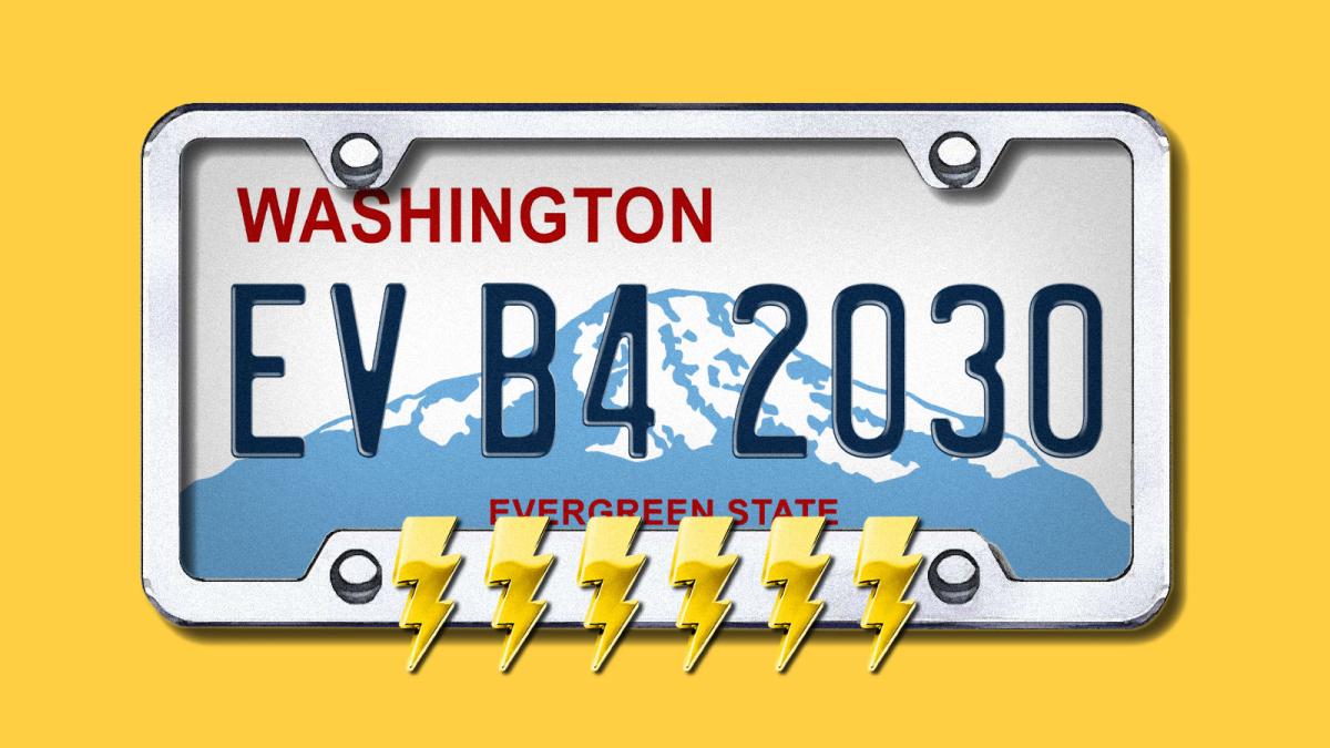 Washington state license plate with "EV B4 2030" on it, and a metal frame with lightning bolts at the bottom