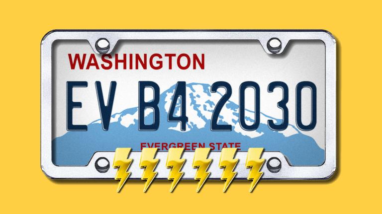 Washington state license plate with "EV B4 2030" on it, and a metal frame with lightning bolts at the bottom