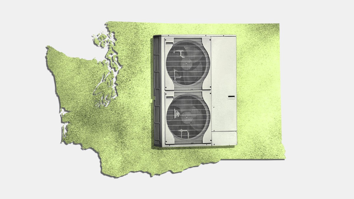 Silhouette of Washington state with cut out image of heat pump unit on top