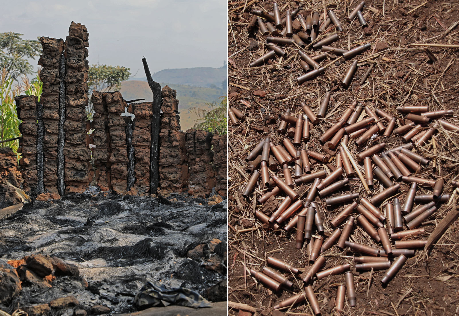 left: remains of a wall of a burnt down hut, right: many shell casings from bullets on dirt and straw covered groundashes and burnt debris on the ground