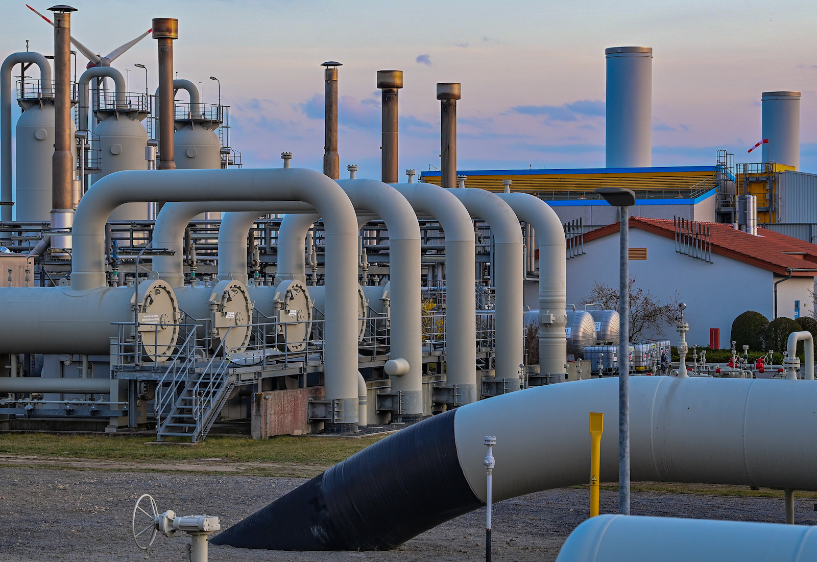 A series of pipes shows a natural gas compressor station