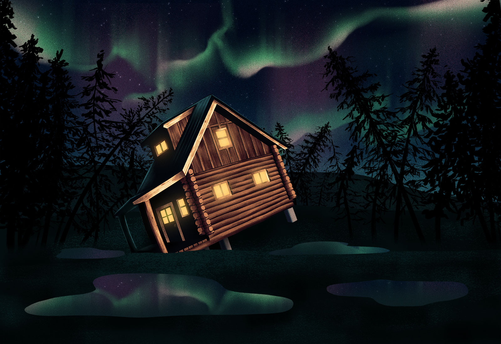 illustration of a log cabin tilting left and sinking into ground, silhouetted pine trees on each side of the cabin, with the Northern Lights in a dark sky and puddles on ground reflecting the sky