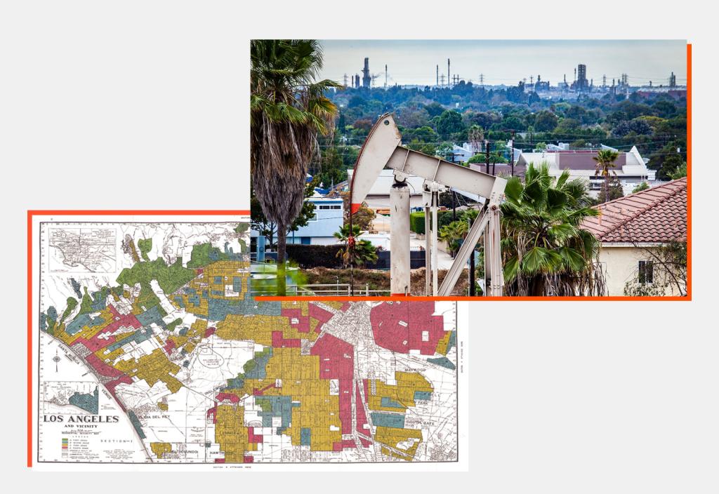 Photo of oil pumpjack in residential area with houses and palm trees overlaid on top of vintage map showing redlined neighborhoods in Los Angeles