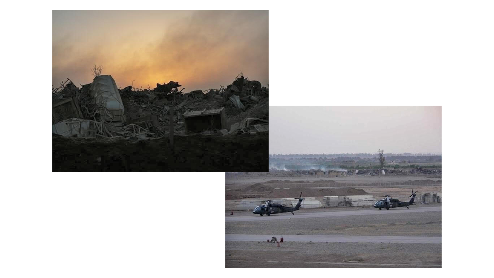 Smoke billows behind a heap of garbage, left. Helicopters fly in front of a field of burning garbage, right.