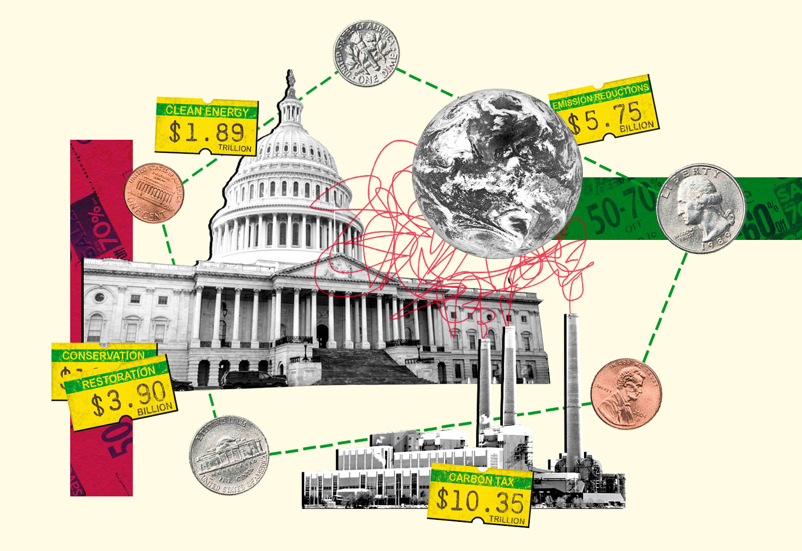 collage with capitol building, earth, american coins, price stickers, smokestacks with red scribble for smoke, and red and green rectangles in background