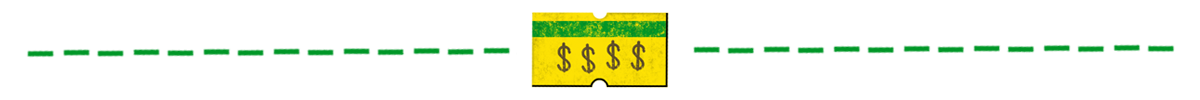 dashed green line with yellow and green price sticker in the center as a divider between paragraphs