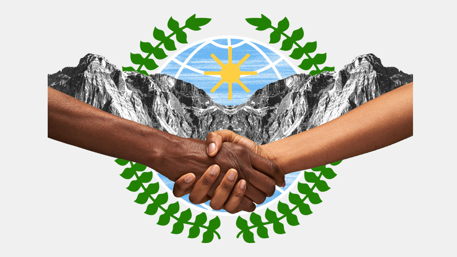 Black and brown arms shaking hands, mountains, globe, and laurel wreath in background