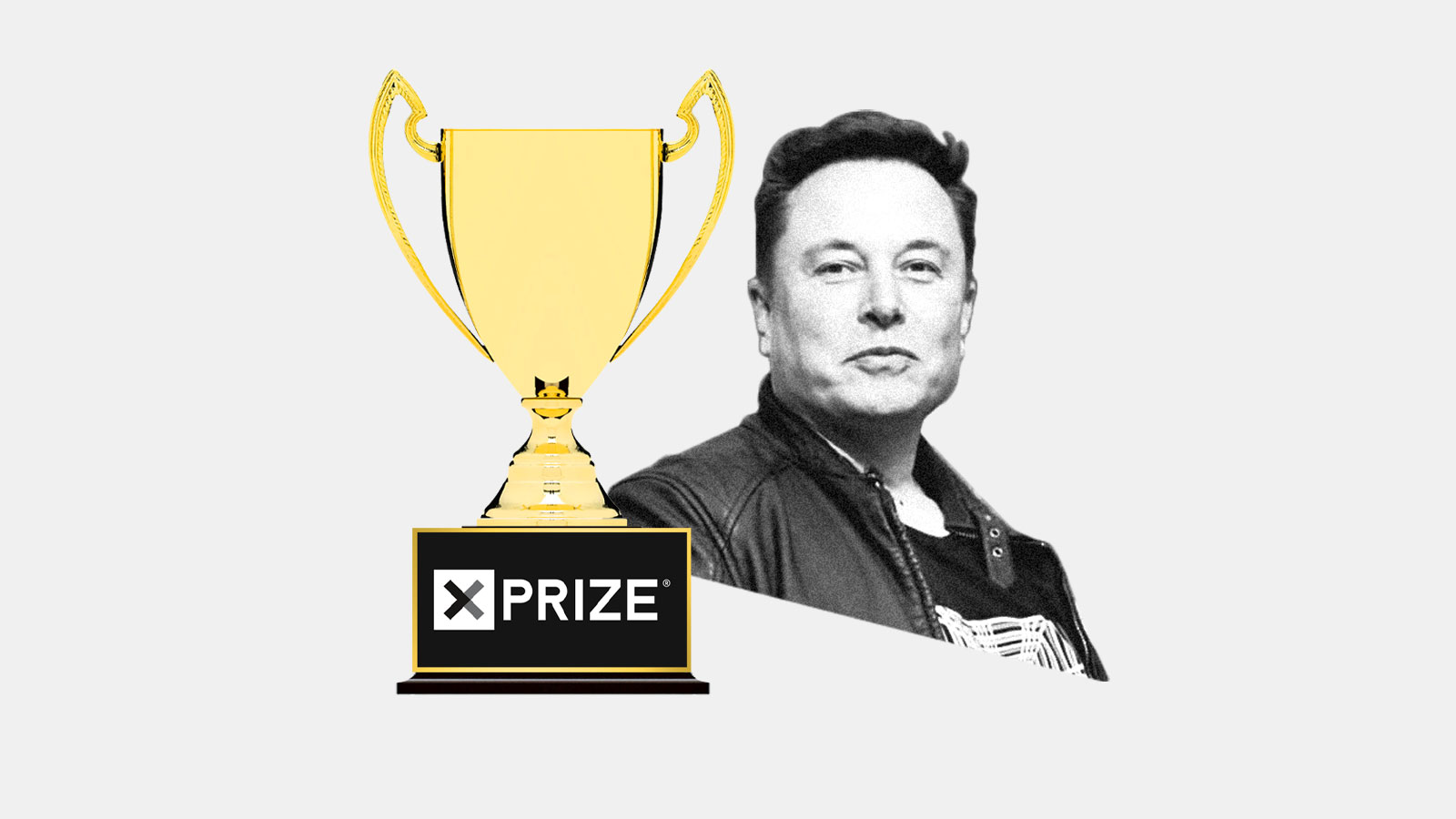 Collage of Elon Musk next to a trophy with the XPRIZE logo on the base