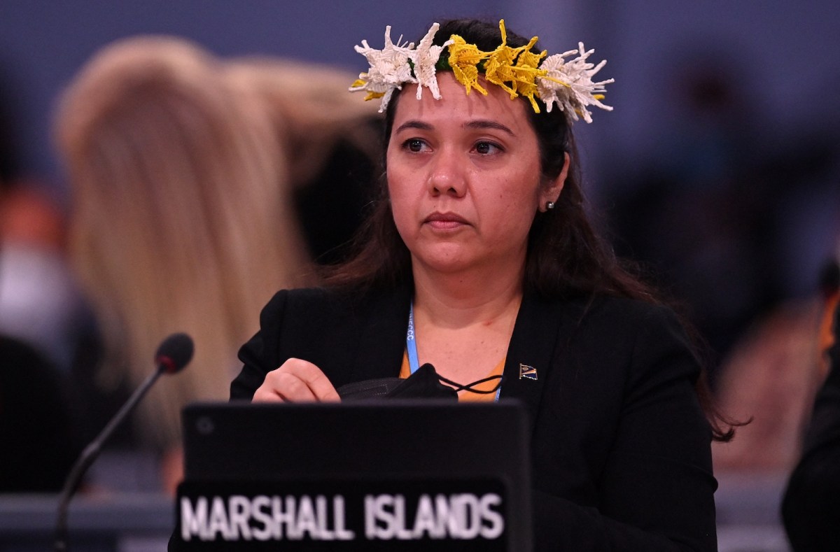 Marshall Islands' Climate Envoy Tina Stege reacts after speaking to intervene during an informal stocktaking session at the COP26 Climate Change Conference in Glasgow on November 12, 2021.