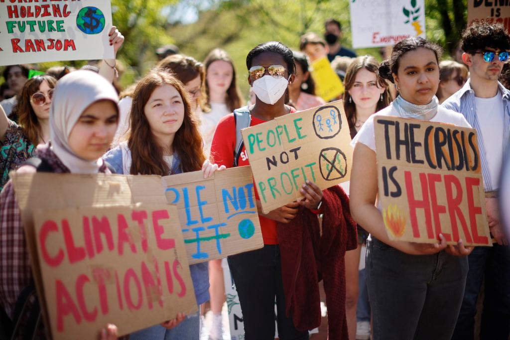 Young climate activists stage rally in Lafayette Park across from the White House on Earth Day on April 22, 2022 in Washington, DC.