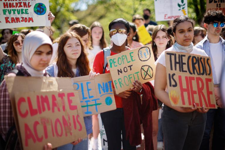Young climate activists stage rally in Lafayette Park across from the White House on Earth Day on April 22, 2022 in Washington, DC.