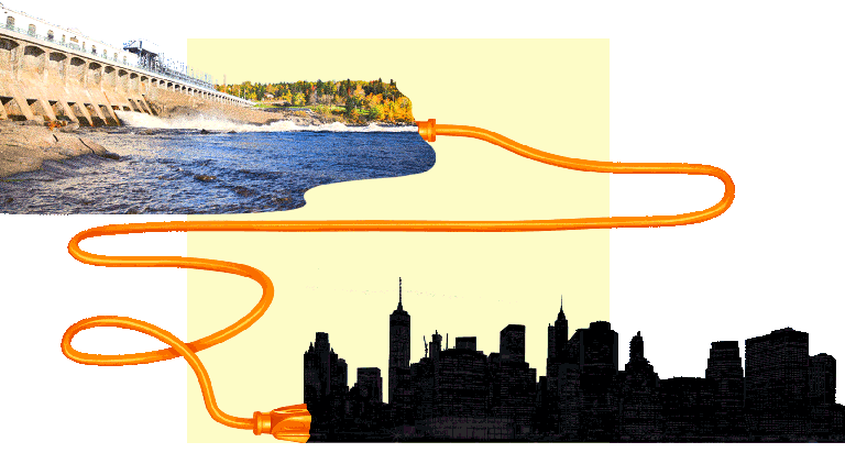 animated collage of hydropower dam connected to a dark silhouette of New York City that flickers from dark to lit up windows