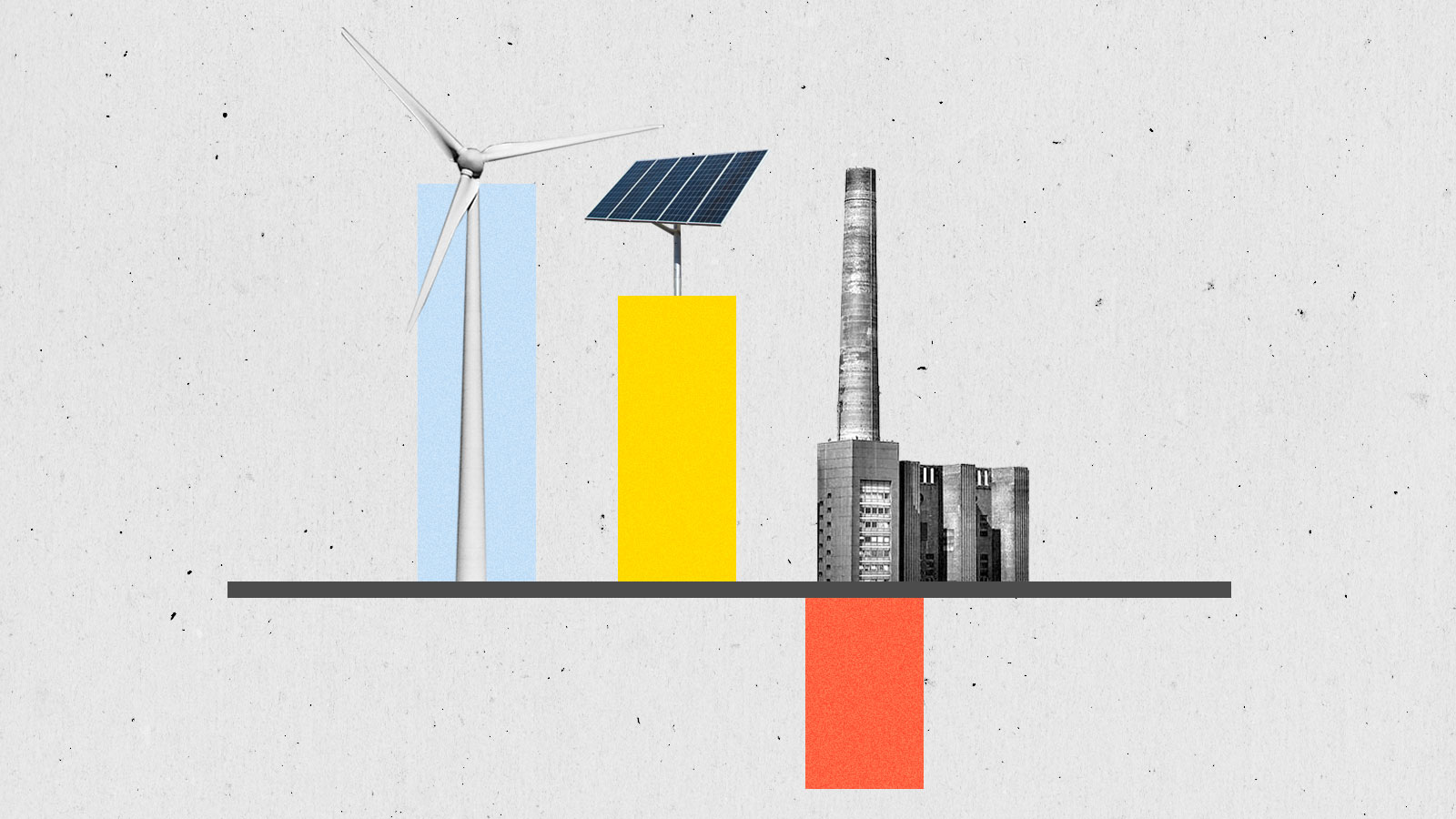 Collage of bar graphs; one with a wind turbine on top, one with a solar panel on top, and the third bar placed underneath a smokestack