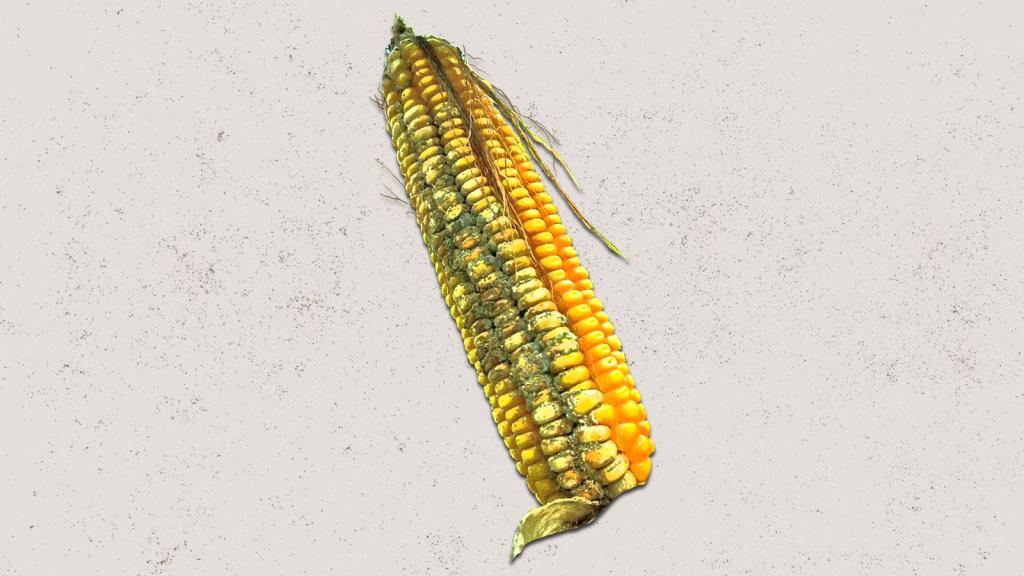 cutout of corn with green mold growing on it on dirty looking beige background