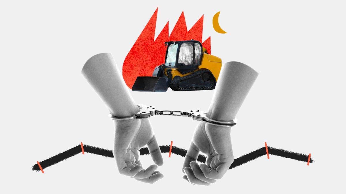 Collage: a bulldozer with abstract flames behind it, two hands in handcuffs, and a black line representing a pipeline below
