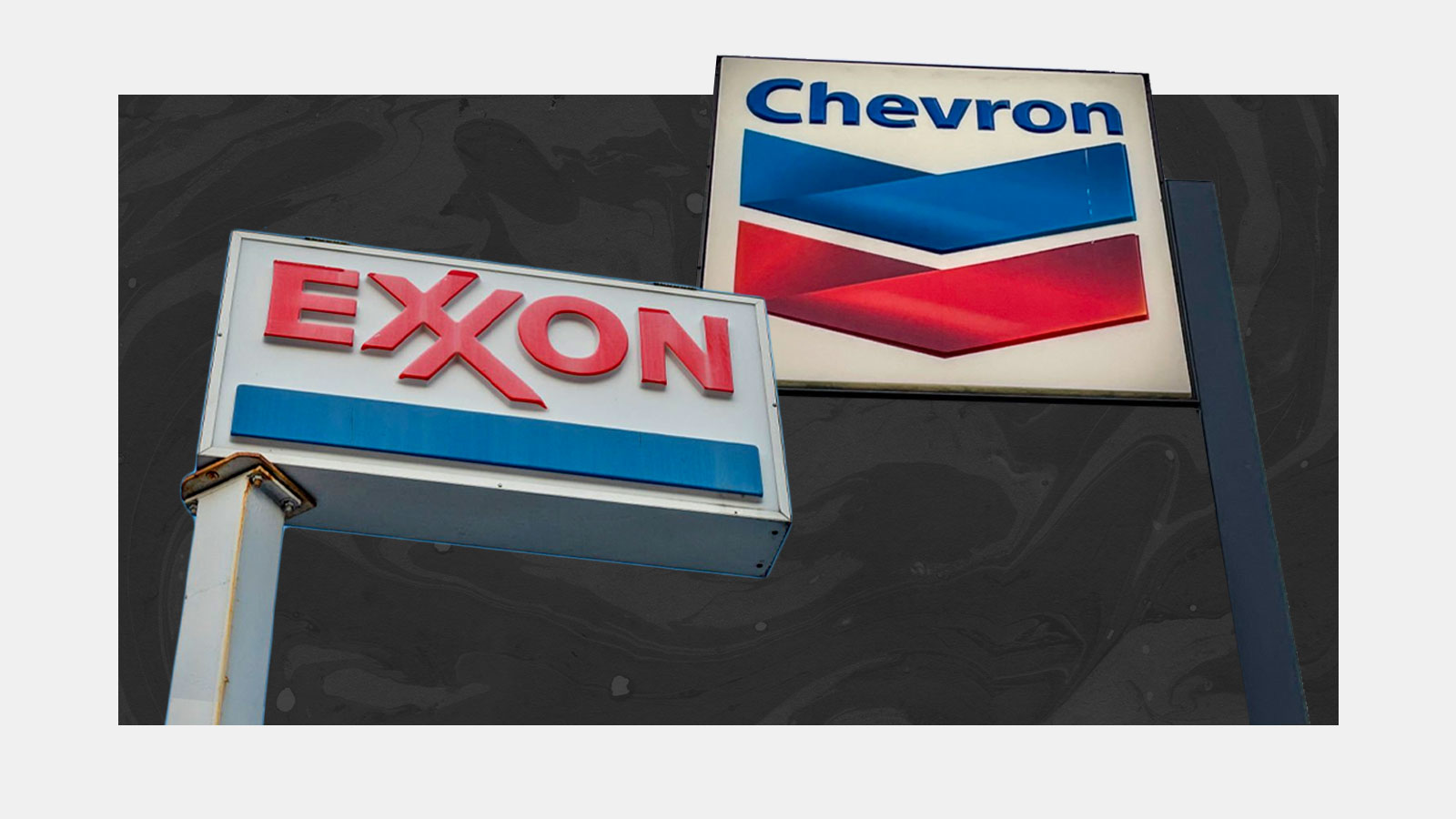 Collage of cut out Exxon and Chevron gas station signs on dark grey background with oil slick pattern