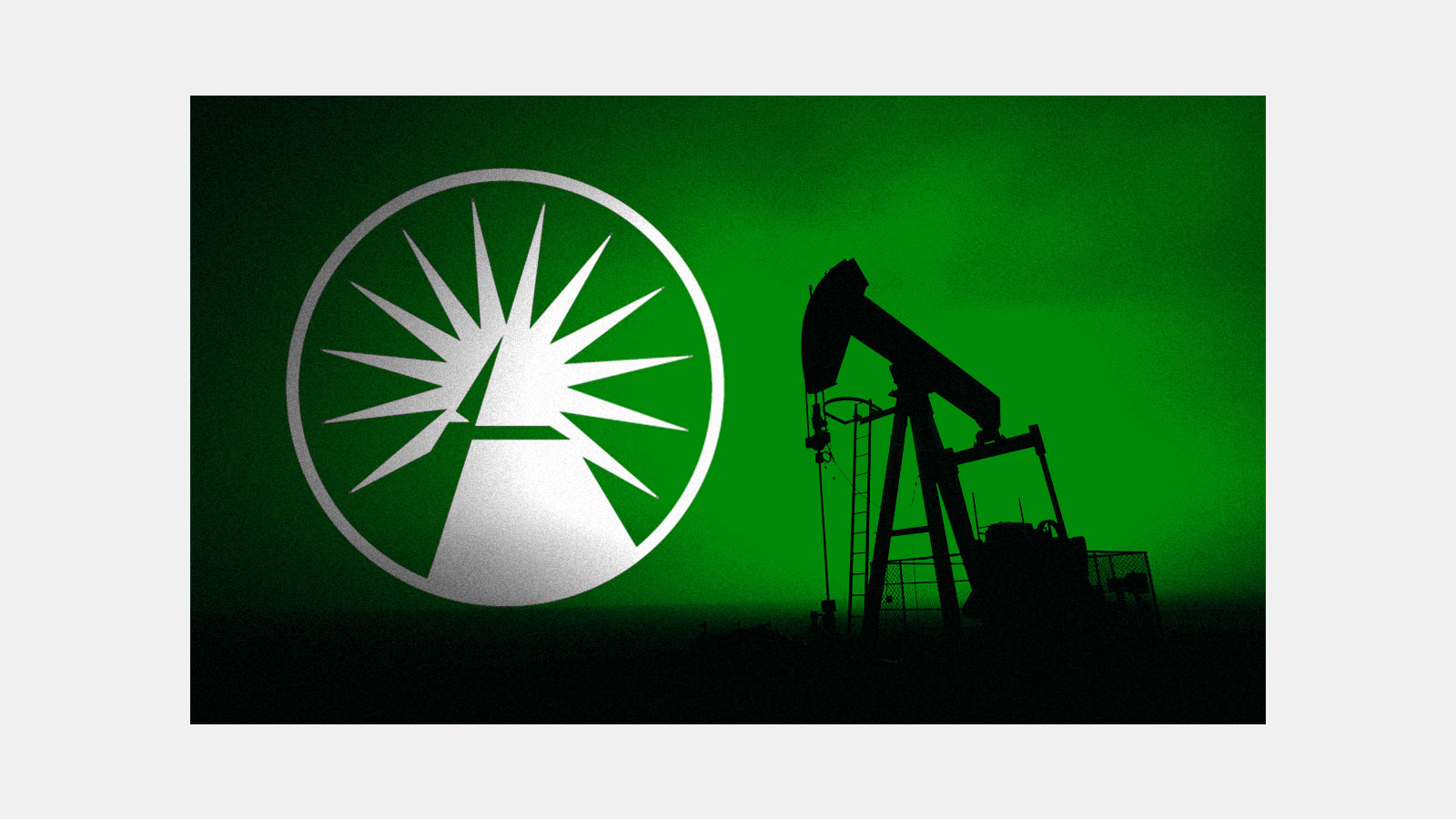 Green rectangle with shadowy photo of oil jack silhouette overlaid on top and white colored Fidelity Investments logo to the left of the oil jack