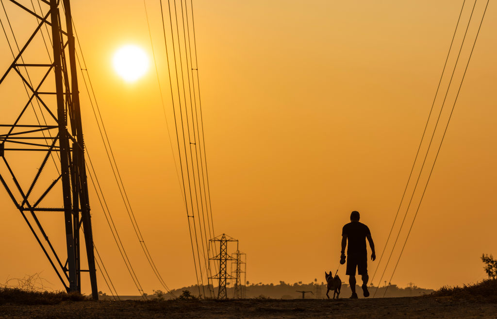 A silhouette of a man walking a dog below electric lines. The sky is hazy and bright orange.