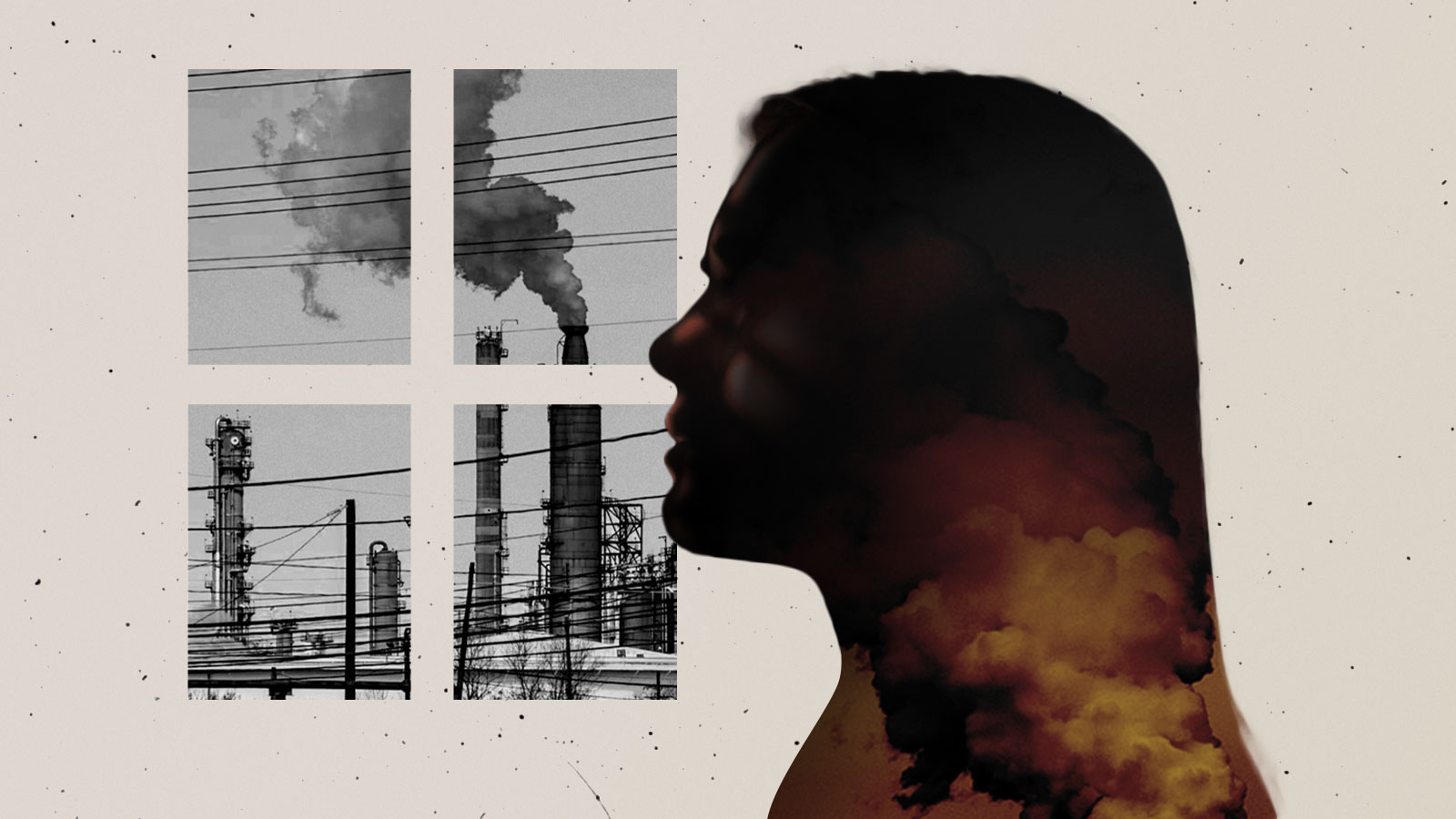 Collage: on the left, four rectangles arranged like window panes filled with a black and white photo of oil refinery towers spewing smoke; on the right a silhouette of a woman in profile facing left, filled with a photo of dark orange and red smoke