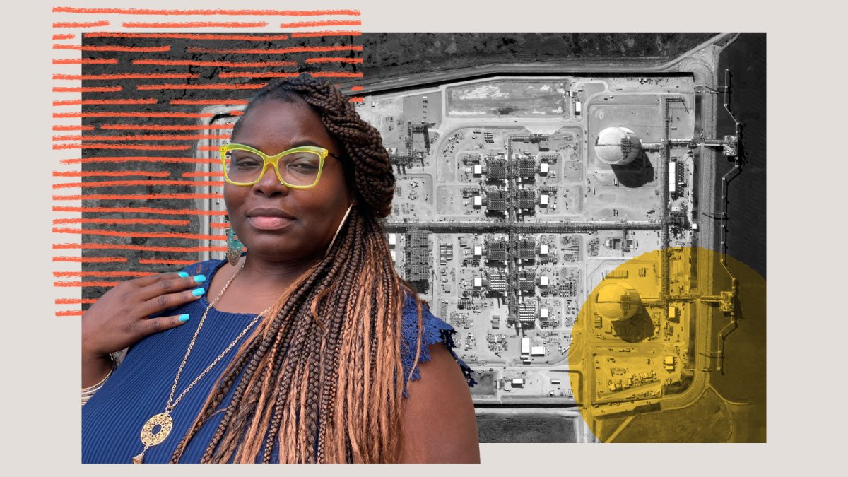 collage: aerial photo of liquefied natural gas terminal and a Black woman with neon yellow glasses and long braids, with drawn graphics of a yellow circle and red lines