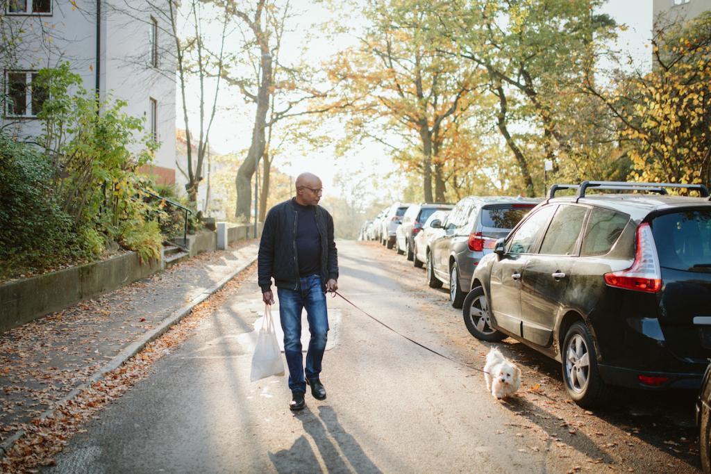 a man walks his dog past a row of cars and trees in a city